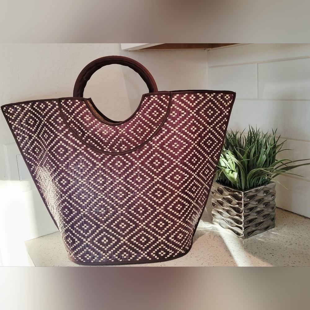 Brown & Cream Handwoven Straw Beach Tote Bag w/Handles